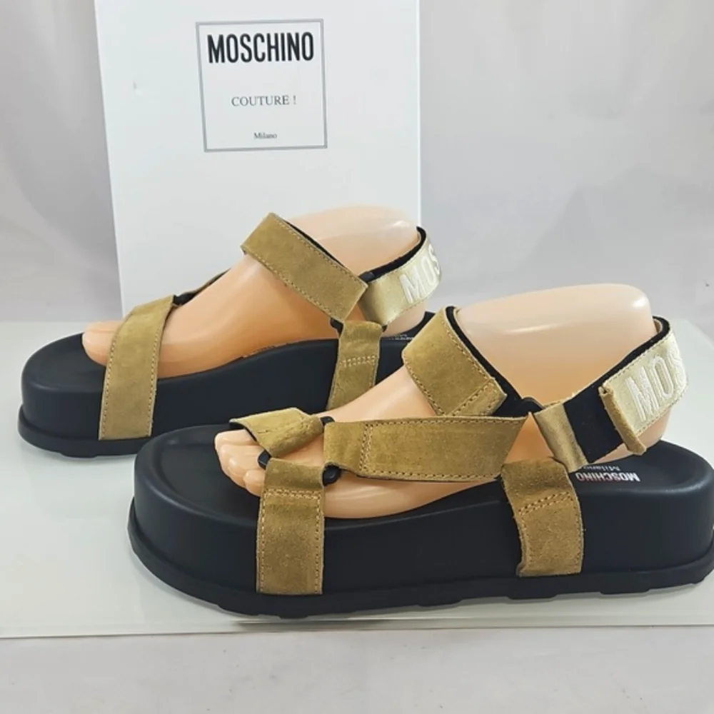 $445 Moschino Sporty Logo-Detailed Suede Platform Sandals Size 11